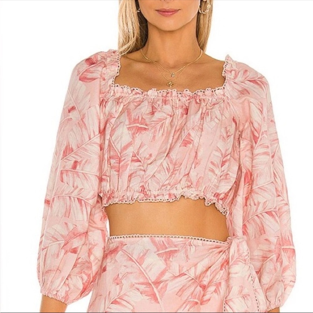 Show Me Your Mumu Claudia Crop Linen Blouse top Pink Majestic Palm Medium